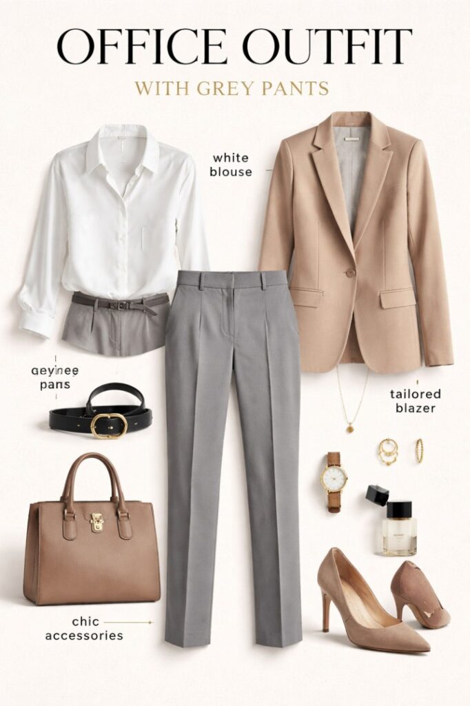 Office formal outfit with grey pants