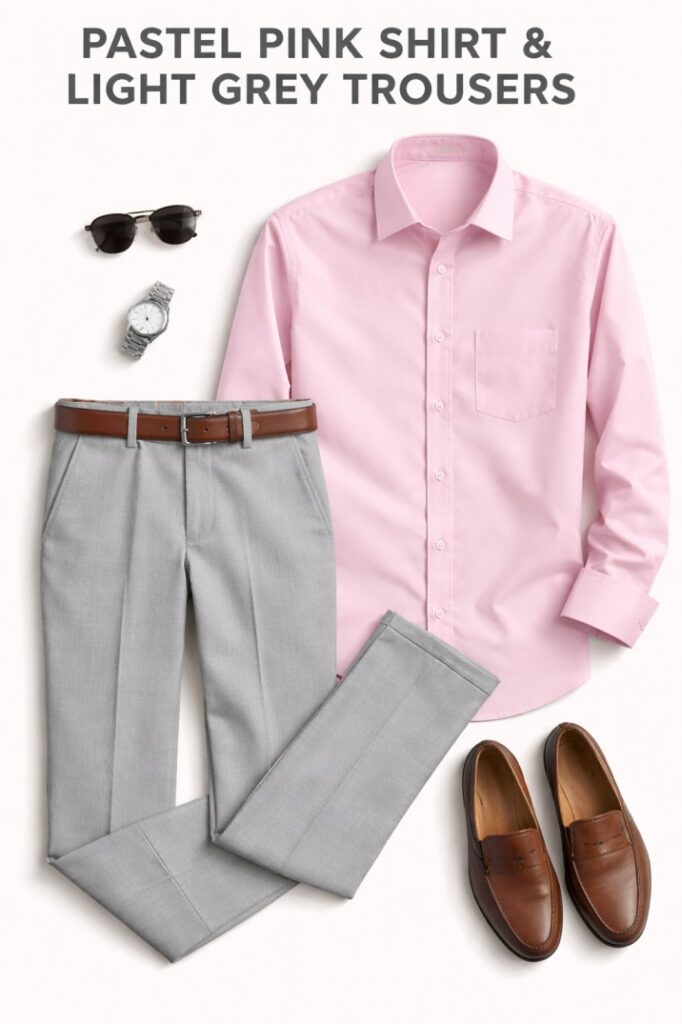 Pastel pink shirt with light grey trousers
