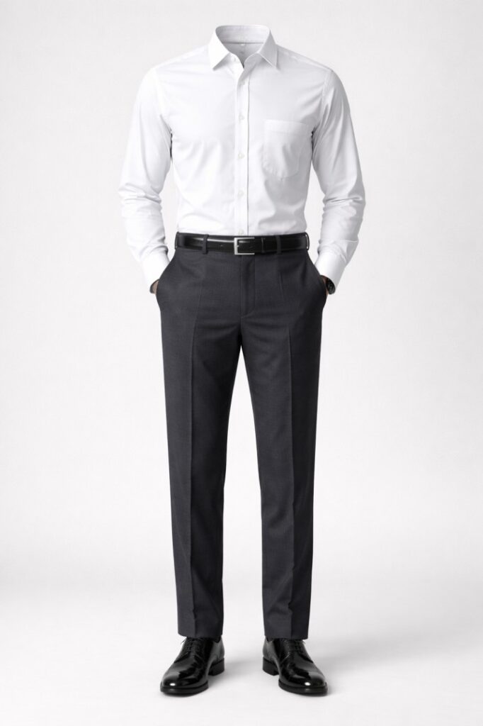 White formal shirt with dark grey trousers and black shoes