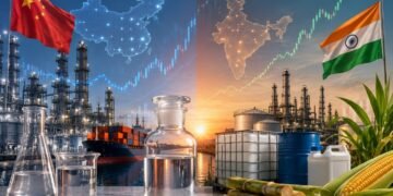 Ethanol price trend graph comparing China and India rates May 2026