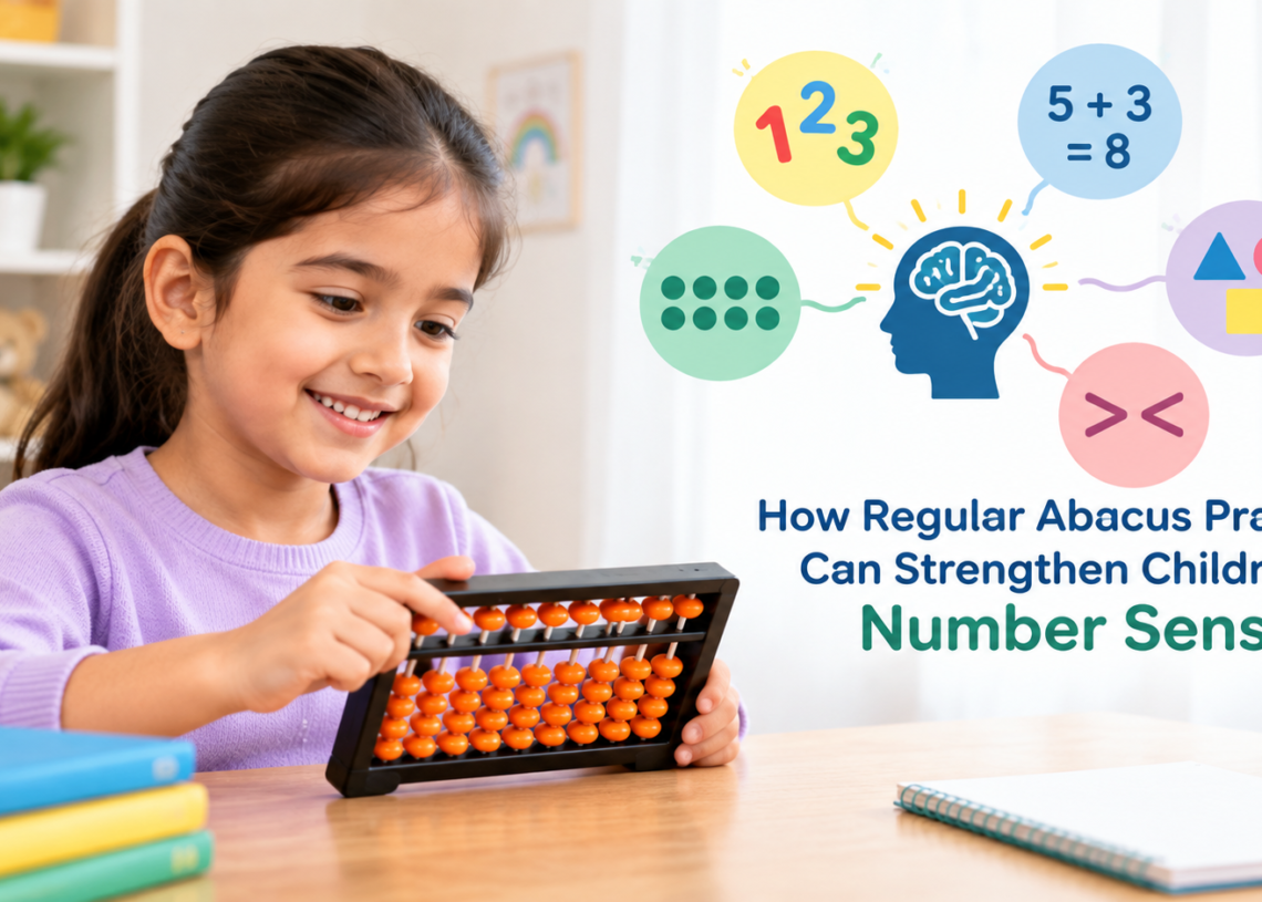 Child practicing with an abacus while learning number sense through regular Abacus practice