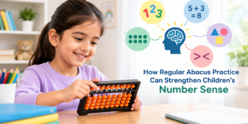 Child practicing with an abacus while learning number sense through regular Abacus practice